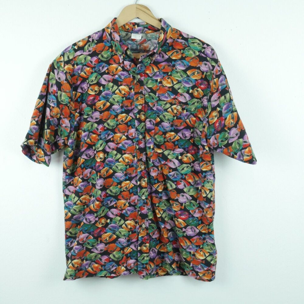 Vintage Cabana Shirt 80s‎ Fish Print Surf Tropical Beach Hawaiian Rainbow Medium